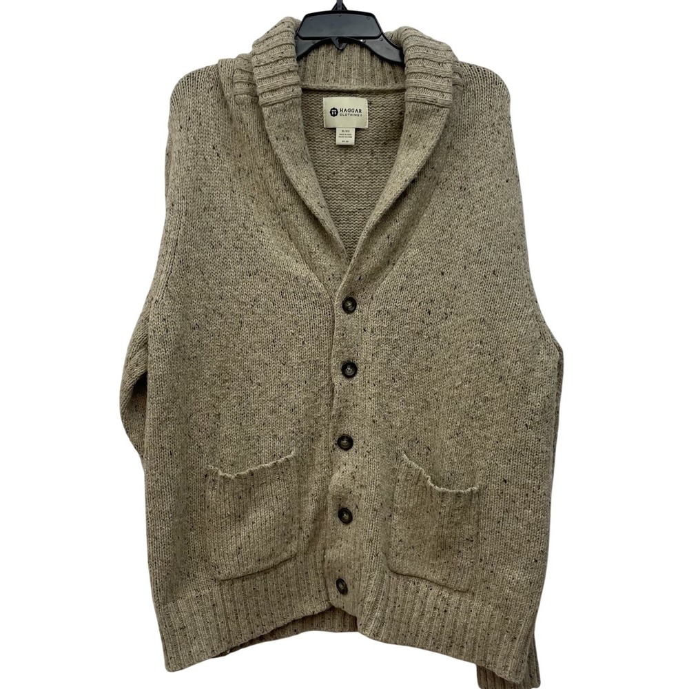 Haggar Wool Blend‎ Shawl Collar Cardigan Sweater Men XL Tan Tweed Knit